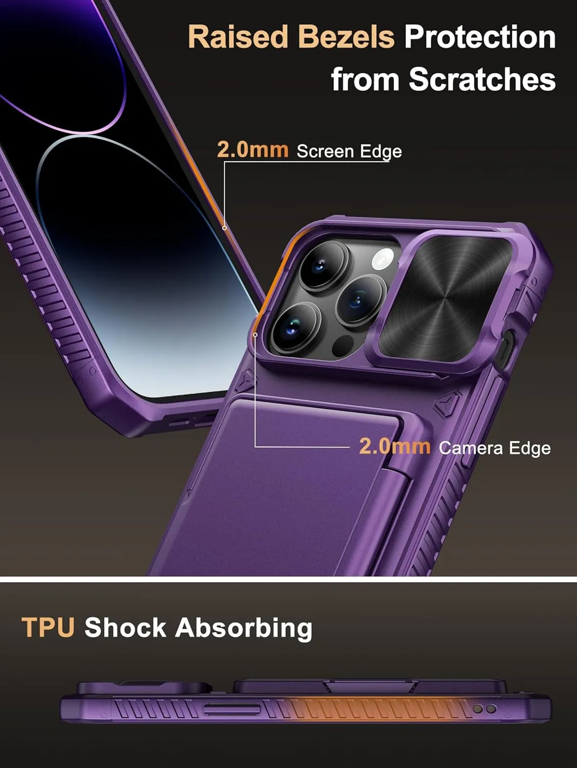 Vihibii for iPhone 14 Pro Max Wallet Case, Built-in Card Holder (4 Cards), [RFID Blocking] & Slide Camera Cover, Military Grade Drop Protection, Rugged Hard Wallet Case, 6.7" 2022, Dark Purple