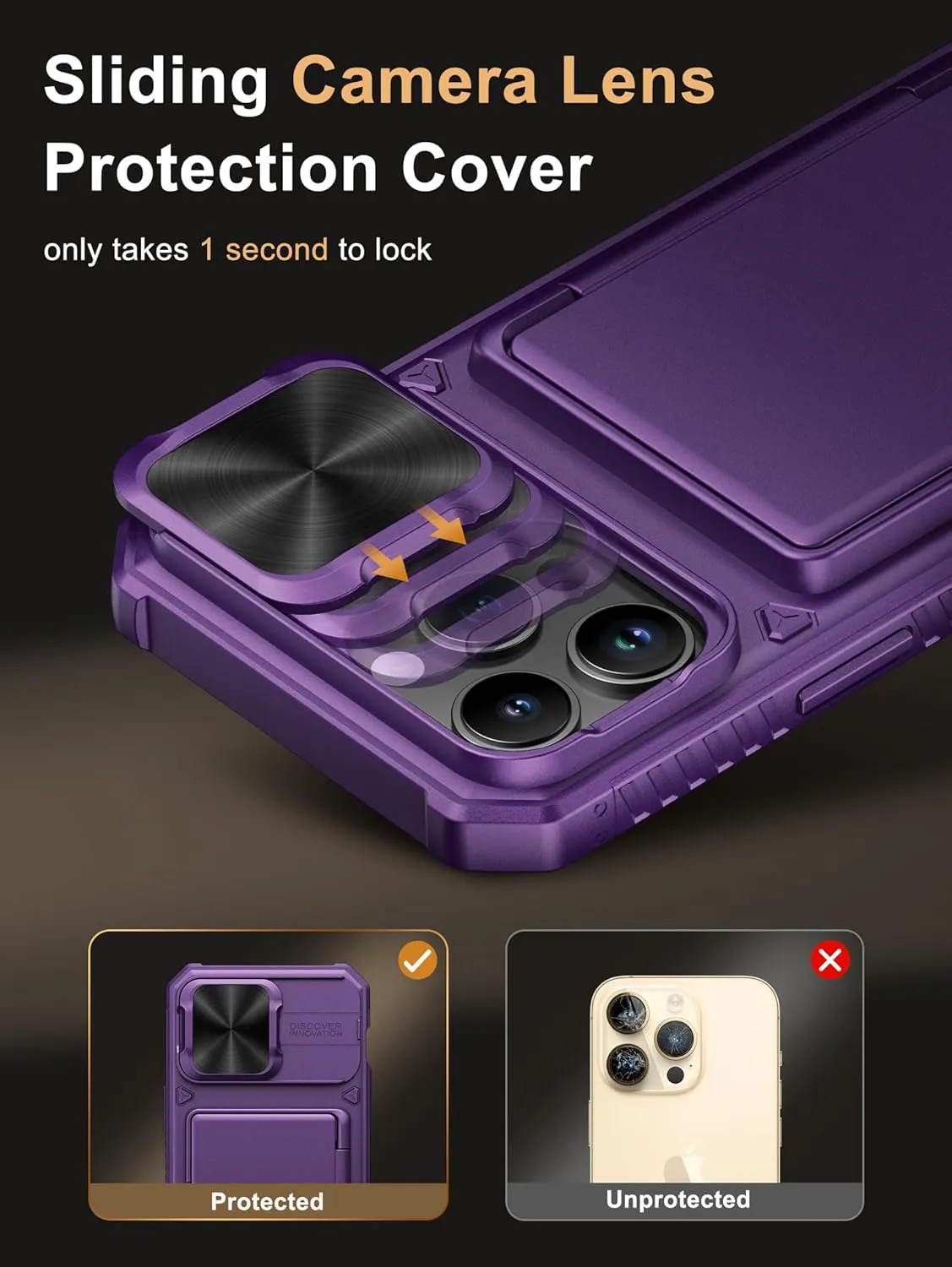 Vihibii for iPhone 14 Pro Max Wallet Case, Built-in Card Holder (4 Cards), [RFID Blocking] & Slide Camera Cover, Military Grade Drop Protection, Rugged Hard Wallet Case, 6.7" 2022, Dark Purple