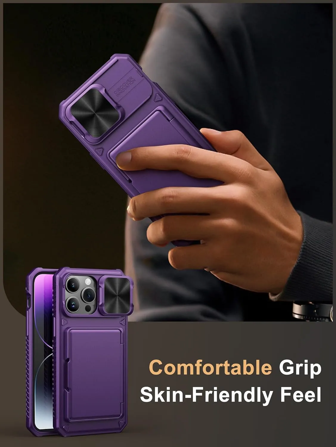 Vihibii for iPhone 14 Pro Max Wallet Case, Built-in Card Holder (4 Cards), [RFID Blocking] & Slide Camera Cover, Military Grade Drop Protection, Rugged Hard Wallet Case, 6.7" 2022, Dark Purple