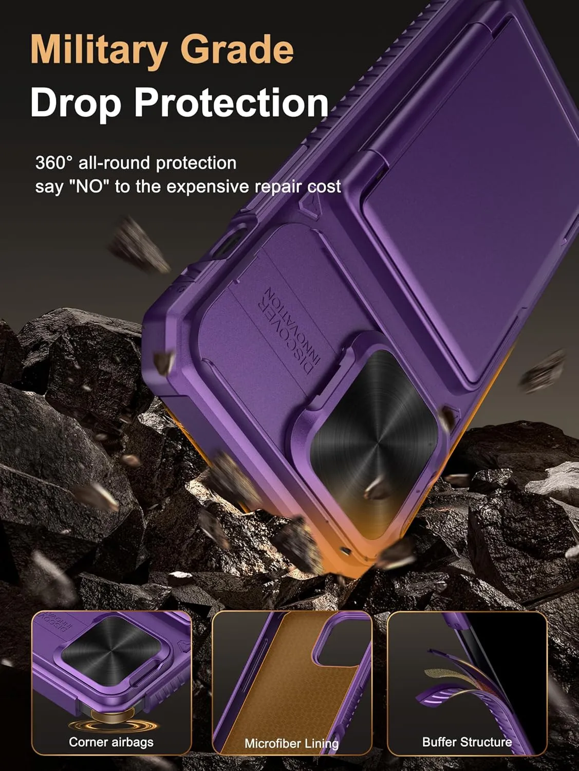 Vihibii for iPhone 14 Pro Max Wallet Case, Built-in Card Holder (4 Cards), [RFID Blocking] & Slide Camera Cover, Military Grade Drop Protection, Rugged Hard Wallet Case, 6.7" 2022, Dark Purple