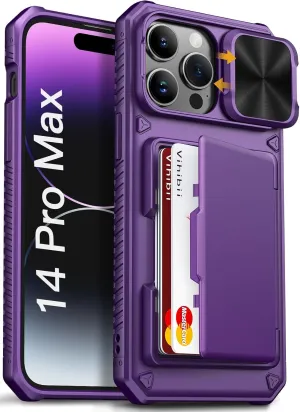 Vihibii for iPhone 14 Pro Max Wallet Case, Built-in Card Holder (4 Cards), [RFID Blocking] & Slide Camera Cover, Military Grade Drop Protection, Rugged Hard Wallet Case, 6.7" 2022, Dark Purple
