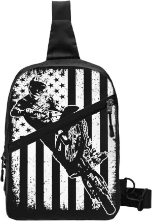 Vintage American Motorcycle Flag Dirt Bike Rider Motocross Portable Sling Bags Packable Crossbody Bag Foldable Sport Daypack Reusable Shoulder Backpack Diagonally Chest Bag for Workout Travel