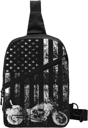 Vintage American Motorcycle Flag Dirt Bike Rider Motocross Portable Sling Bags Packable Crossbody Bag Foldable Sport Daypack Reusable Shoulder Backpack Diagonally Chest Bag for Workout Travel