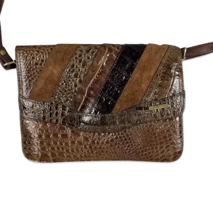 Vintage Brown Croc Print Crossbody Bag