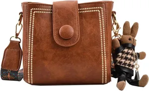 Vintage Fashion Bag with Adjustable Wider Shoulder Strap, Women's Retro Fashion Bucket Bag with Cute Rabbit Pendant