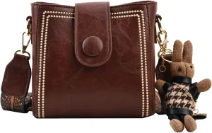 Vintage Fashion Bag with Adjustable Wider Shoulder Strap, Women's Retro Fashion Bucket Bag with Cute Rabbit Pendant