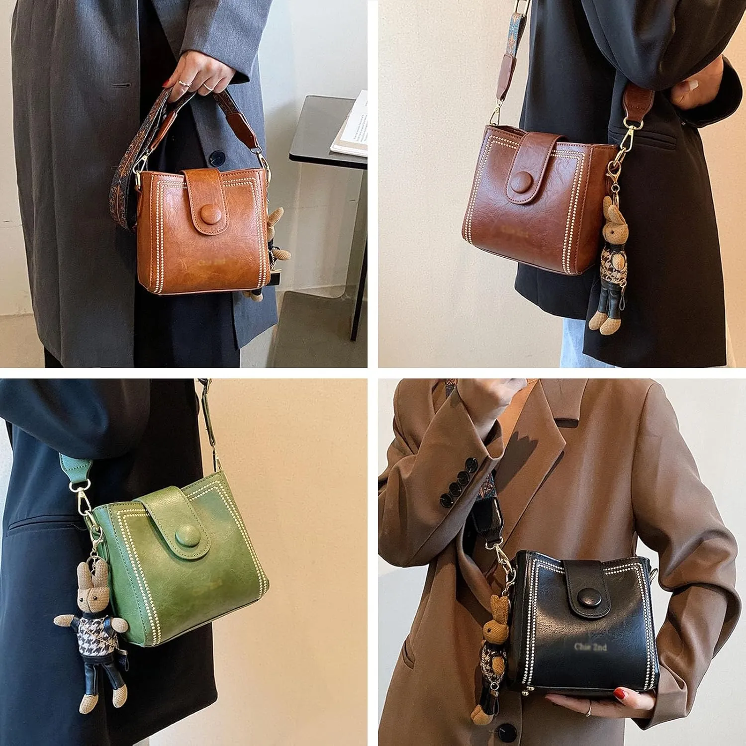 Vintage Fashion Bag with Adjustable Wider Shoulder Strap, Women's Retro Fashion Bucket Bag with Cute Rabbit Pendant