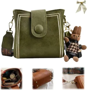 Vintage Fashion Bag with Adjustable Wider Shoulder Strap,Retro Water Bucket Shoulder Bag,Casual Crossbody with Rabbit Pendant
