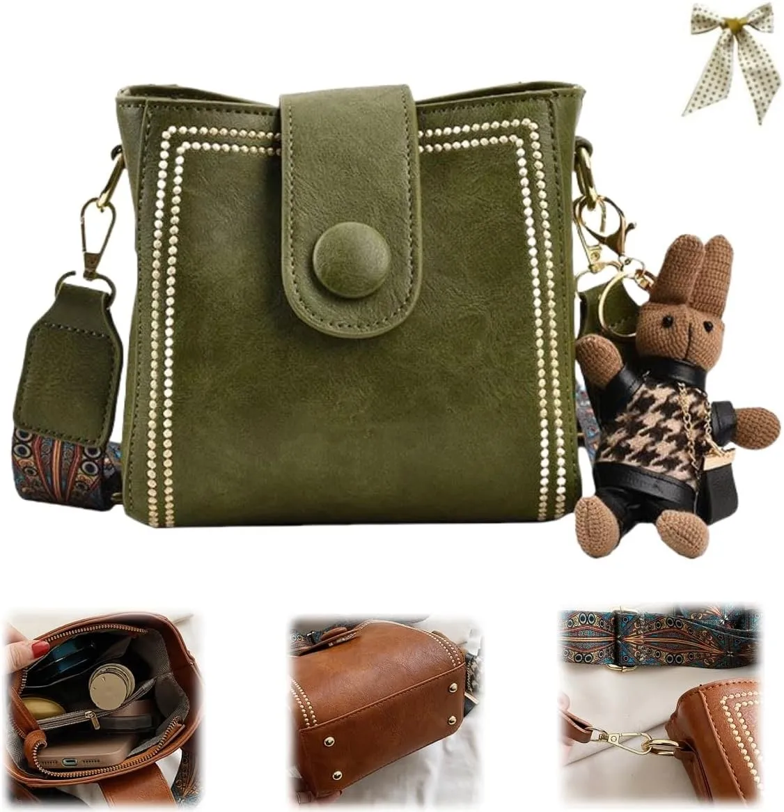 Vintage Fashion Bag with Adjustable Wider Shoulder Strap,Retro Water Bucket Shoulder Bag,Casual Crossbody with Rabbit Pendant