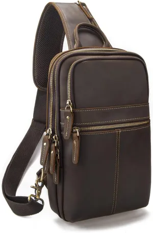 Vintage Full Grain Leather Sling Bag for Men, Crossbody Shoulder Chest Travel Hiking Daypacks Bag for 11 inch iPad, Brown