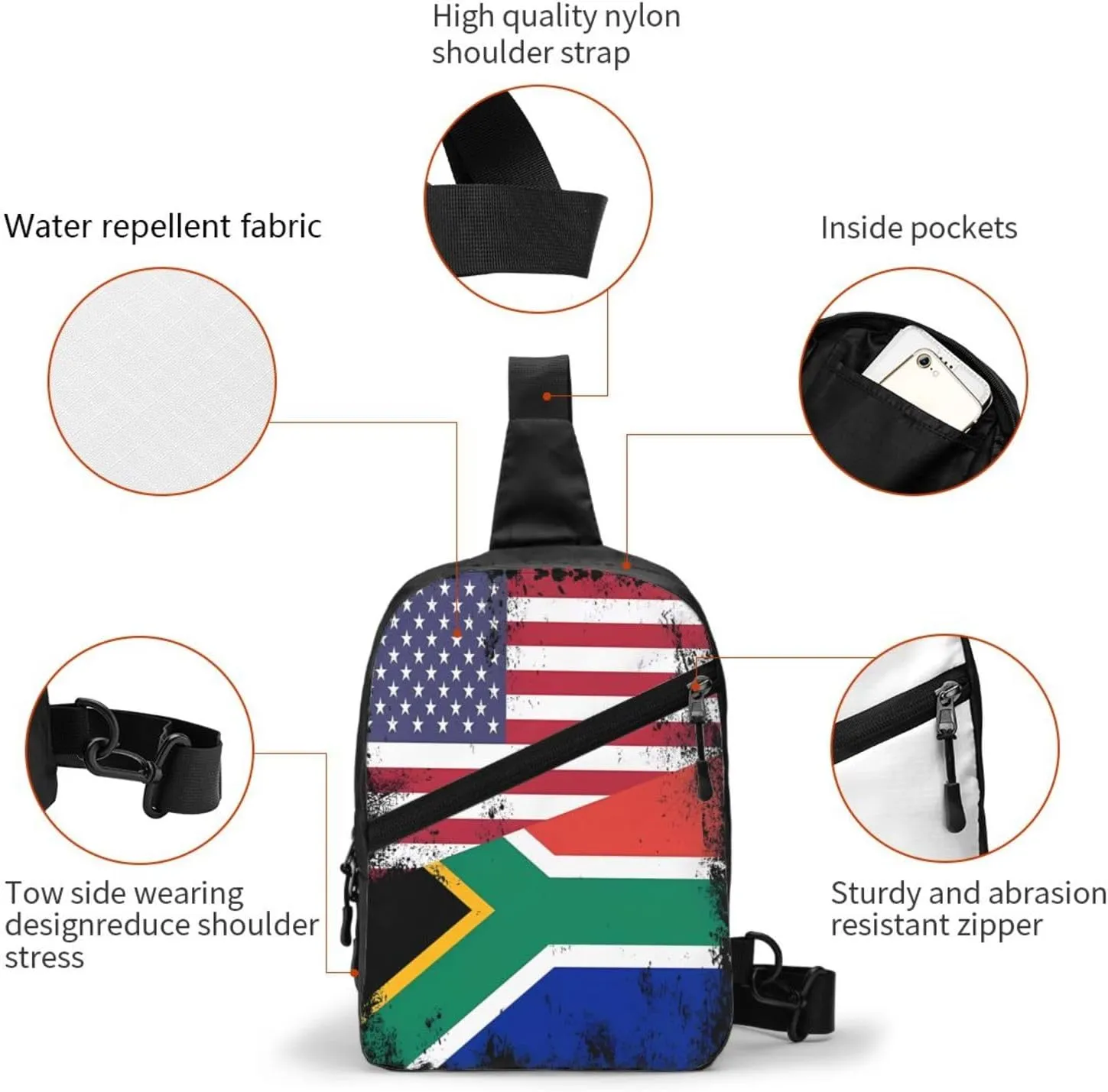 Vintage Half South African American Flag Crossbody Bag Portable Sling Bags Foldable Chest Daypack Reusable Sports Shoulder Backpack Diagonally Casual Rucksack Travel Bag