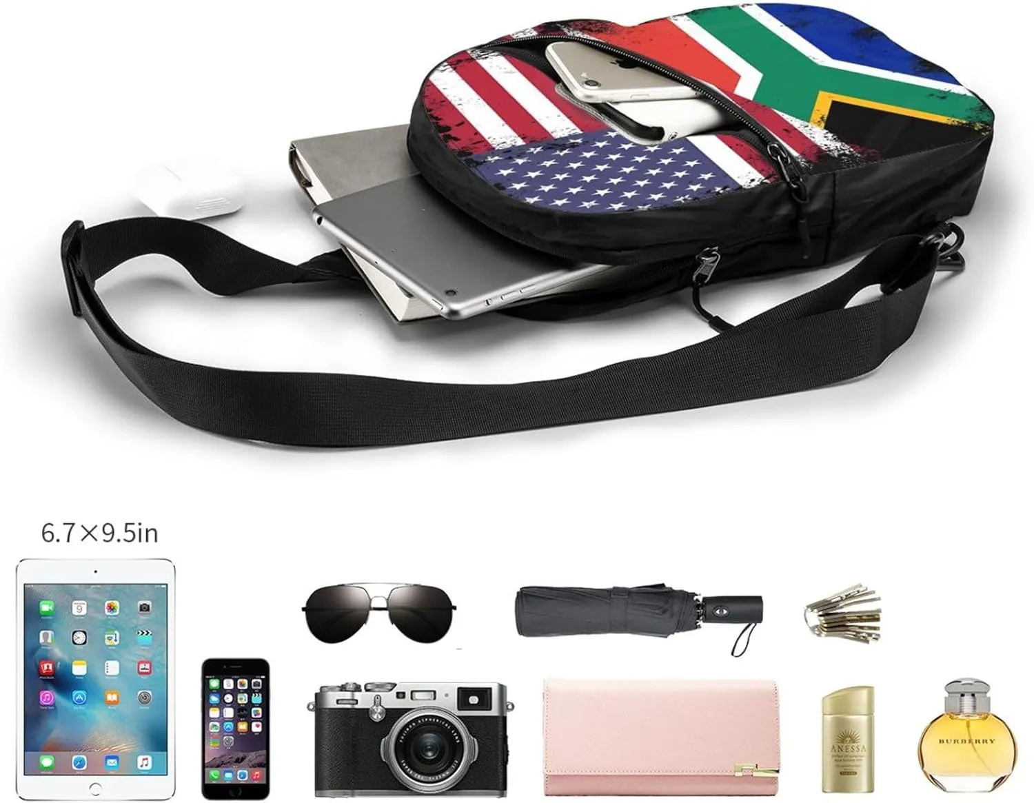 Vintage Half South African American Flag Crossbody Bag Portable Sling Bags Foldable Chest Daypack Reusable Sports Shoulder Backpack Diagonally Casual Rucksack Travel Bag
