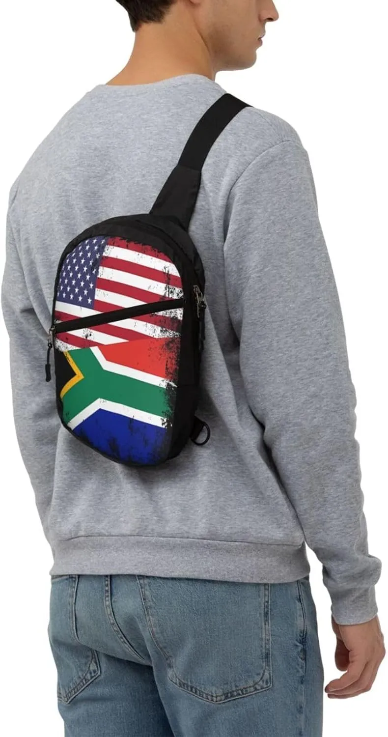 Vintage Half South African American Flag Crossbody Bag Portable Sling Bags Foldable Chest Daypack Reusable Sports Shoulder Backpack Diagonally Casual Rucksack Travel Bag