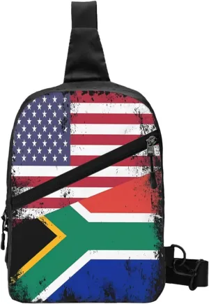 Vintage Half South African American Flag Crossbody Bag Portable Sling Bags Foldable Chest Daypack Reusable Sports Shoulder Backpack Diagonally Casual Rucksack Travel Bag