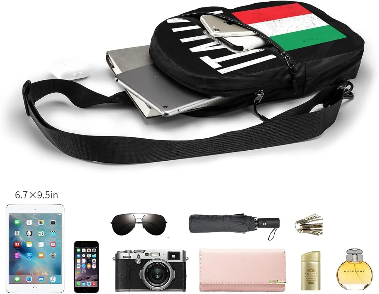Vintage Italy Italia Italian Flags Crossbody Bag Portable Sling Bags Foldable Chest Daypack Reusable Sports Shoulder Backpack Diagonally Casual Rucksack Travel Bag