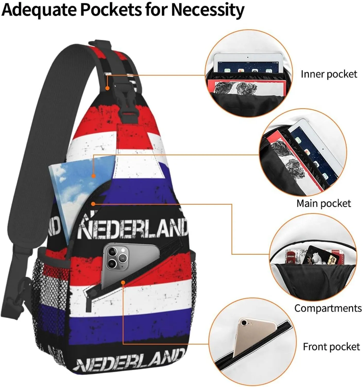 Vintage Netherlands Holland Flag Crossbody Bag Cross Chest Bag Adjustable Sling Backpack Sports Gym Shoulder Bags Travel Cycling Daypack Diagonally Casual Rucksack