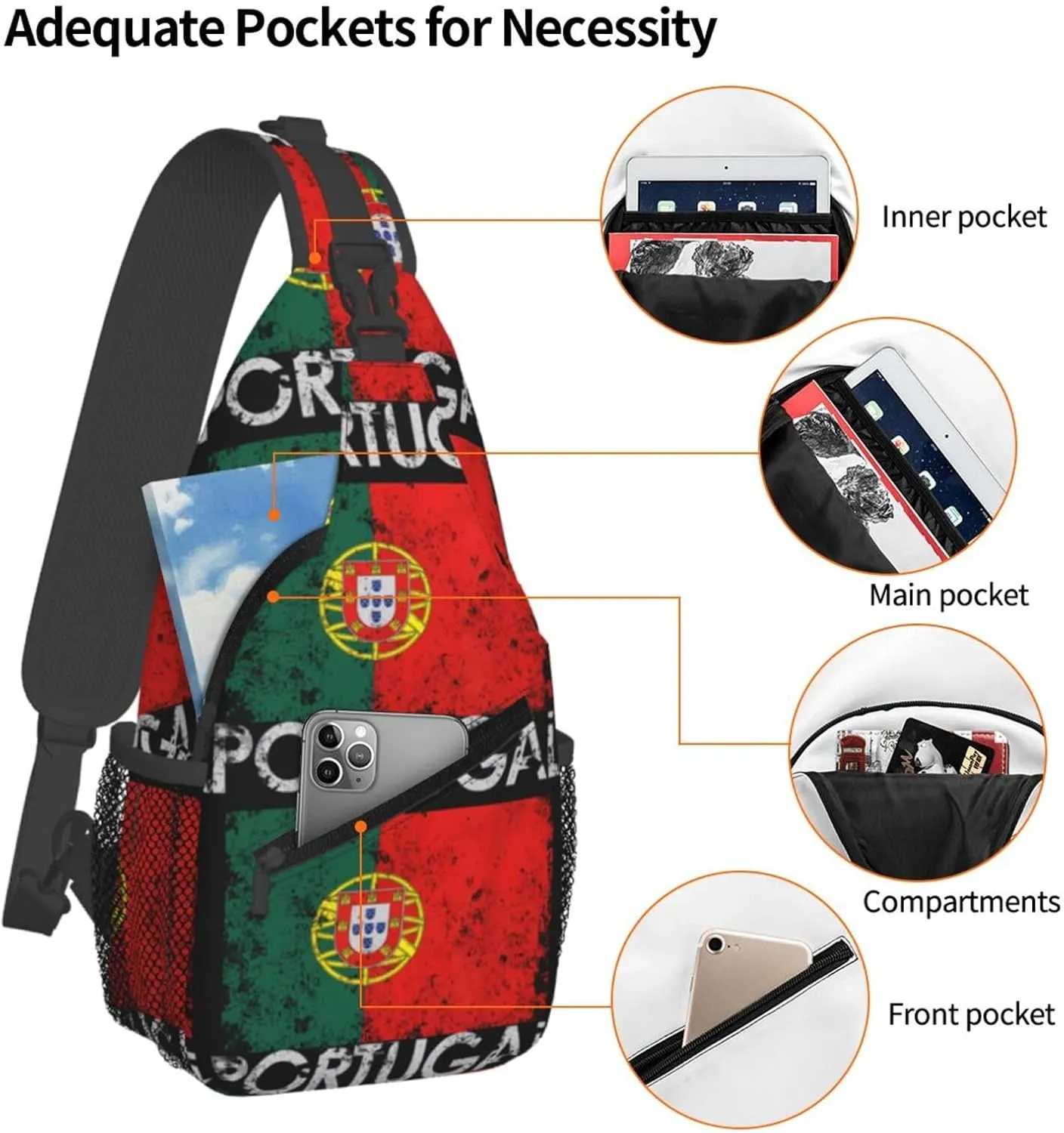 Vintage Portuguese Portugal Flag Sling Bag Adjustable Chest Bags Casual Crossbody Bag Travel Shoulder Backpack
