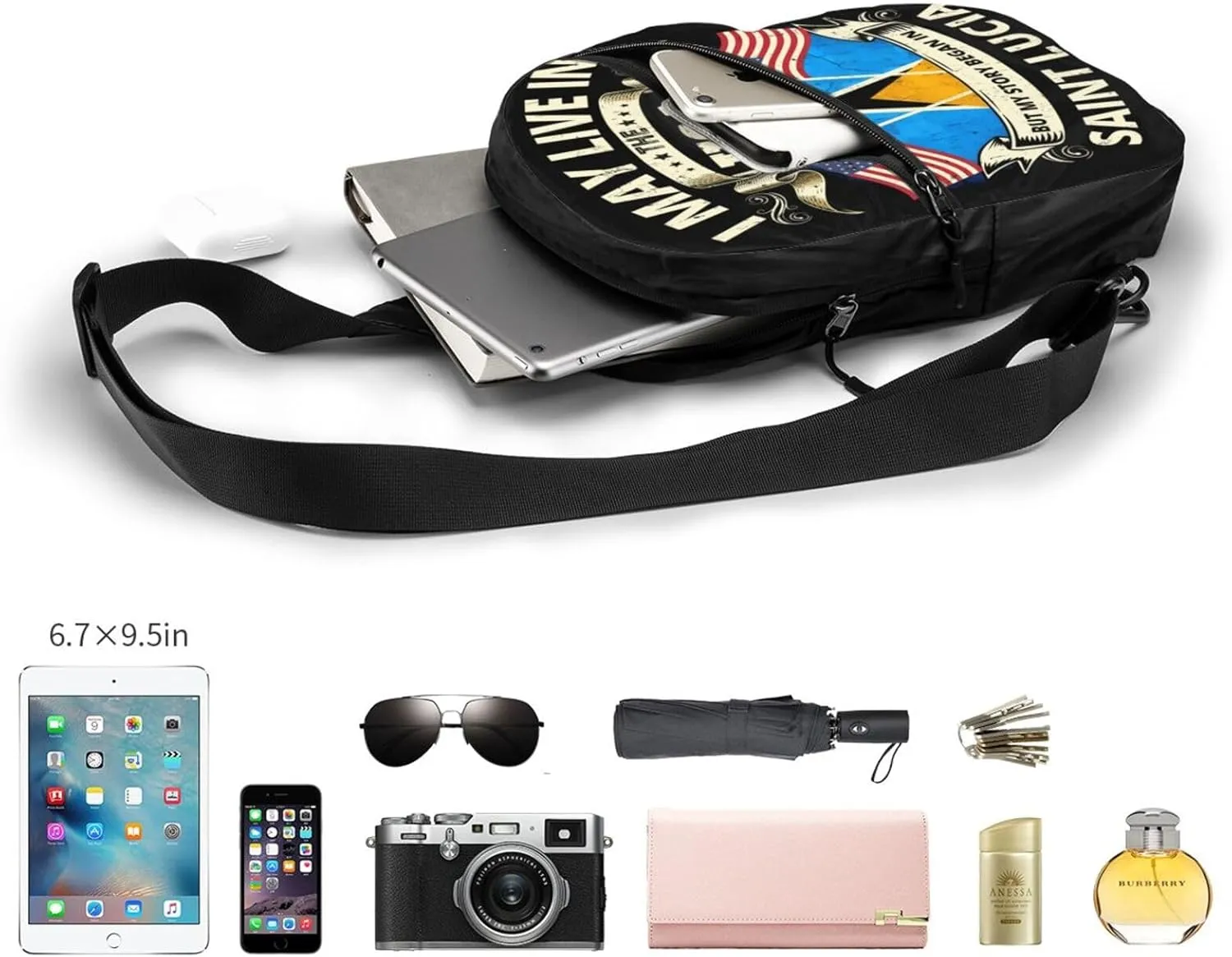 Vintage Saint Lucian Lucia Flags Crossbody Bag Portable Sling Bags Foldable Chest Daypack Reusable Sports Shoulder Backpack Diagonally Casual Rucksack Travel Bag
