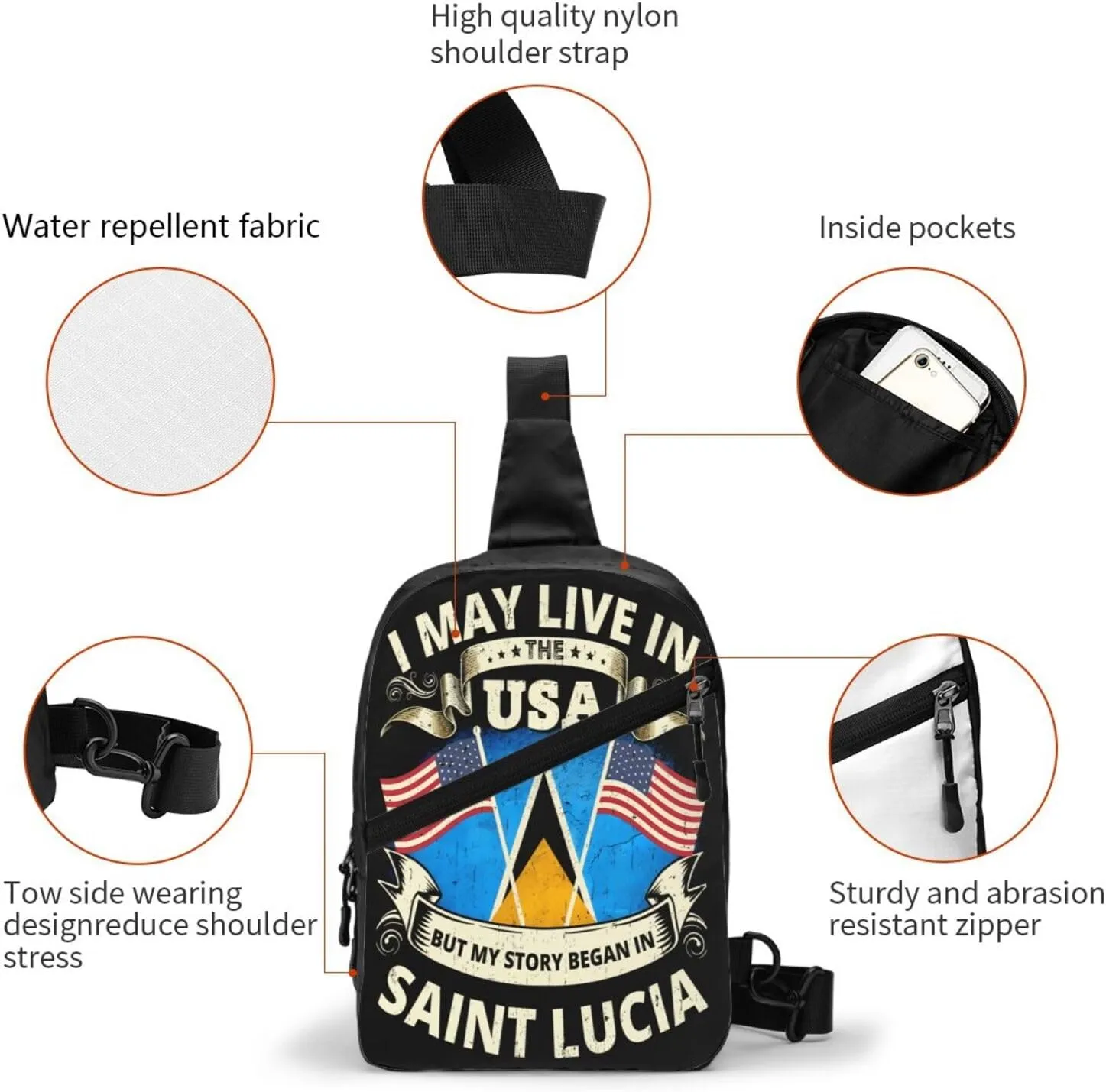 Vintage Saint Lucian Lucia Flags Crossbody Bag Portable Sling Bags Foldable Chest Daypack Reusable Sports Shoulder Backpack Diagonally Casual Rucksack Travel Bag