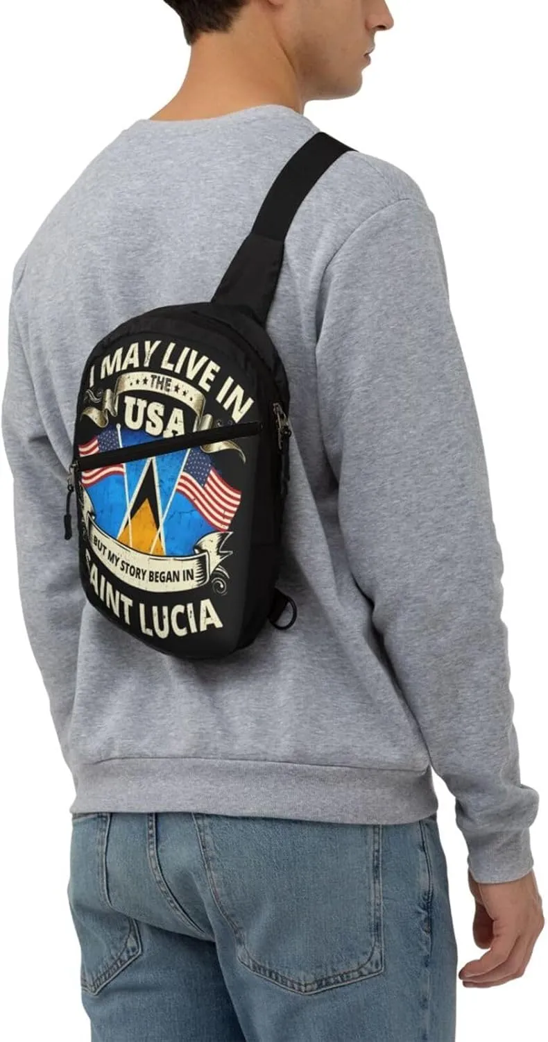 Vintage Saint Lucian Lucia Flags Crossbody Bag Portable Sling Bags Foldable Chest Daypack Reusable Sports Shoulder Backpack Diagonally Casual Rucksack Travel Bag