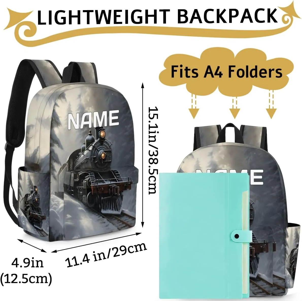 Vintage Train Customized Kids Backpack for Boys Girls Locomotive Transport Personalized Preschool Toddler Backpack Kindergarten Nursery Bookbag Travel Children School Bag