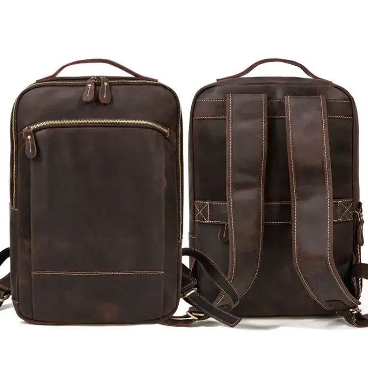 Vintage Travel Backpack Crazy Horse Leather Double Zipper Bag