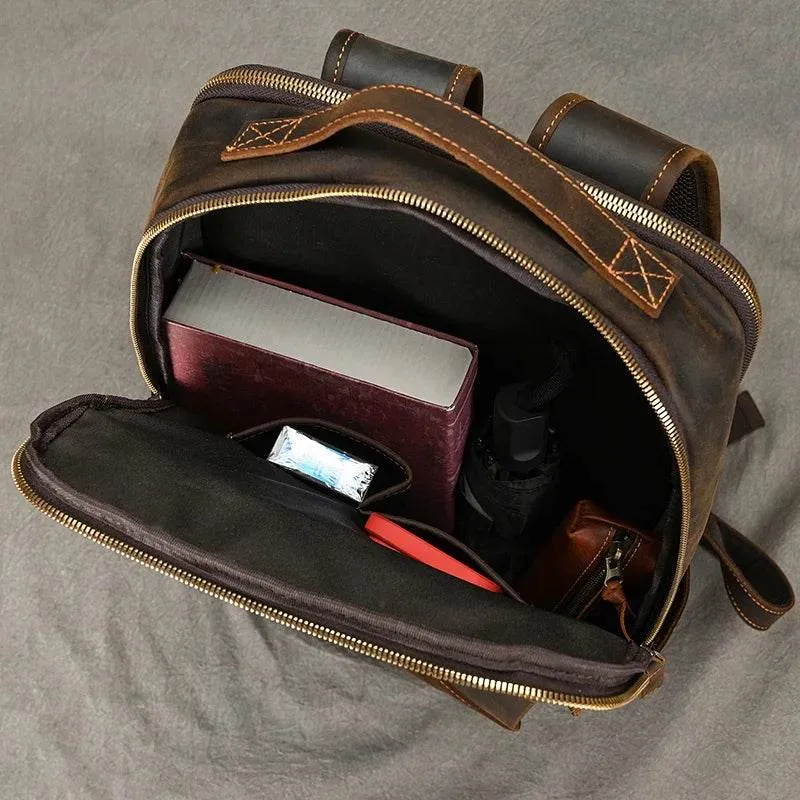 Vintage Travel Backpack Crazy Horse Leather Double Zipper Bag
