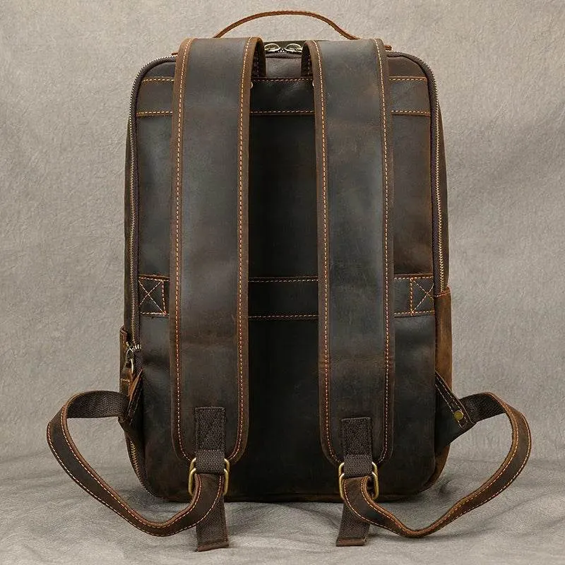 Vintage Travel Backpack Crazy Horse Leather Double Zipper Bag