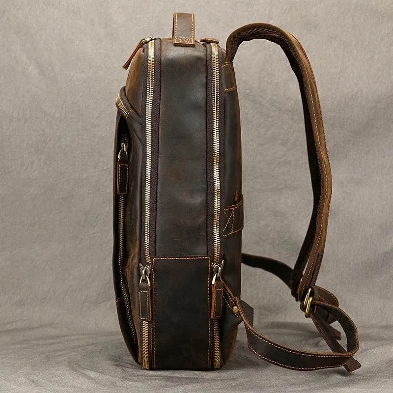 Vintage Travel Backpack Crazy Horse Leather Double Zipper Bag