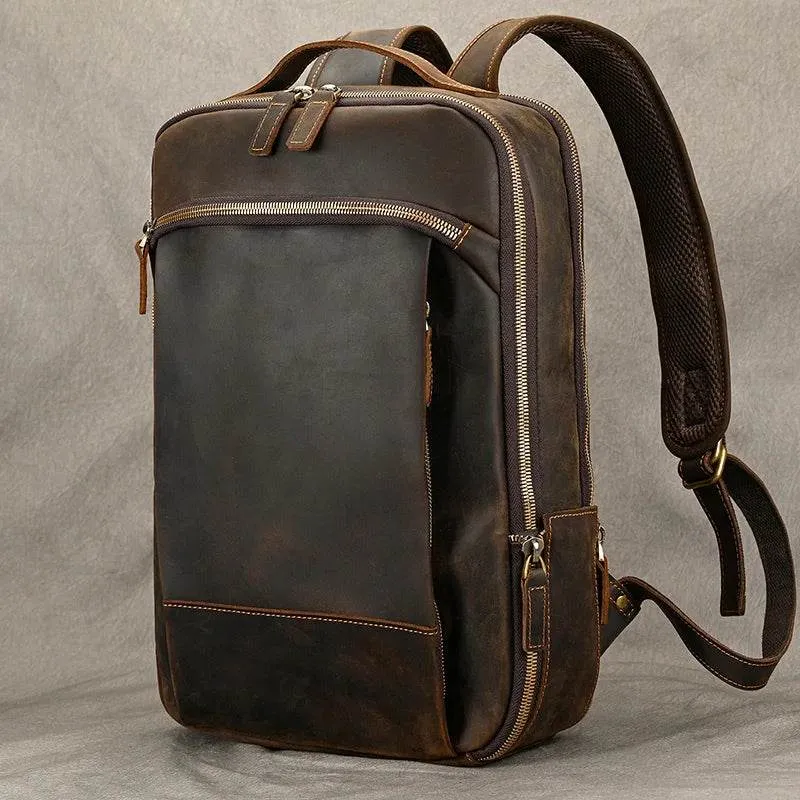 Vintage Travel Backpack Crazy Horse Leather Double Zipper Bag