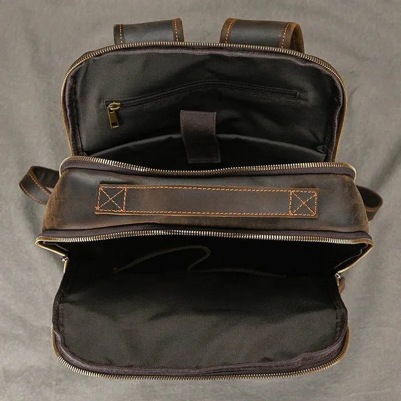 Vintage Travel Backpack Crazy Horse Leather Double Zipper Bag