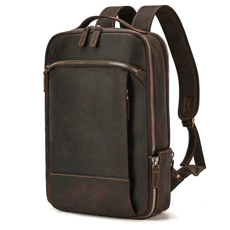 Vintage Travel Backpack Crazy Horse Leather Double Zipper Bag
