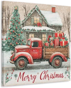 Vintage Truck Carrying Christmas Gifts Canvas Painting Wall Art Holly Berries Pine Cones Festive Christmas Poster Print Artwork Picture for Bedroom Room Decor 16x16inch(40x40cm) Frame-color