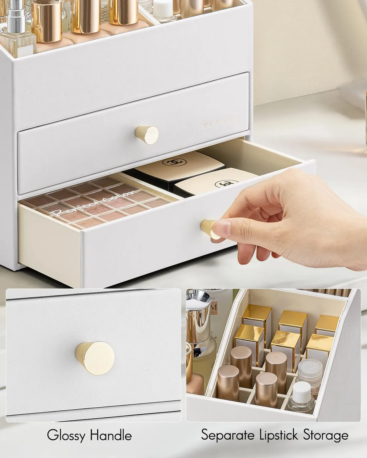 Vlando Makeup Organizer for Vanity,Large Capacity Countertop Organizer with Drawers, PU Leather Cosmetic Display Case for Lipstick,Brushes,Skincare,Nail polish and Bedroom Storage (White)