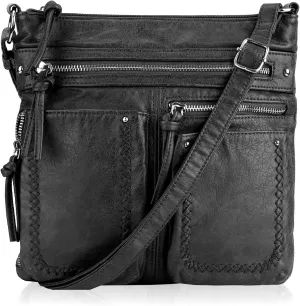 VONAL Crossbody Bag for Women Multi Pockets Shoulder Bags Medium Washed Soft Leather Travel Purses