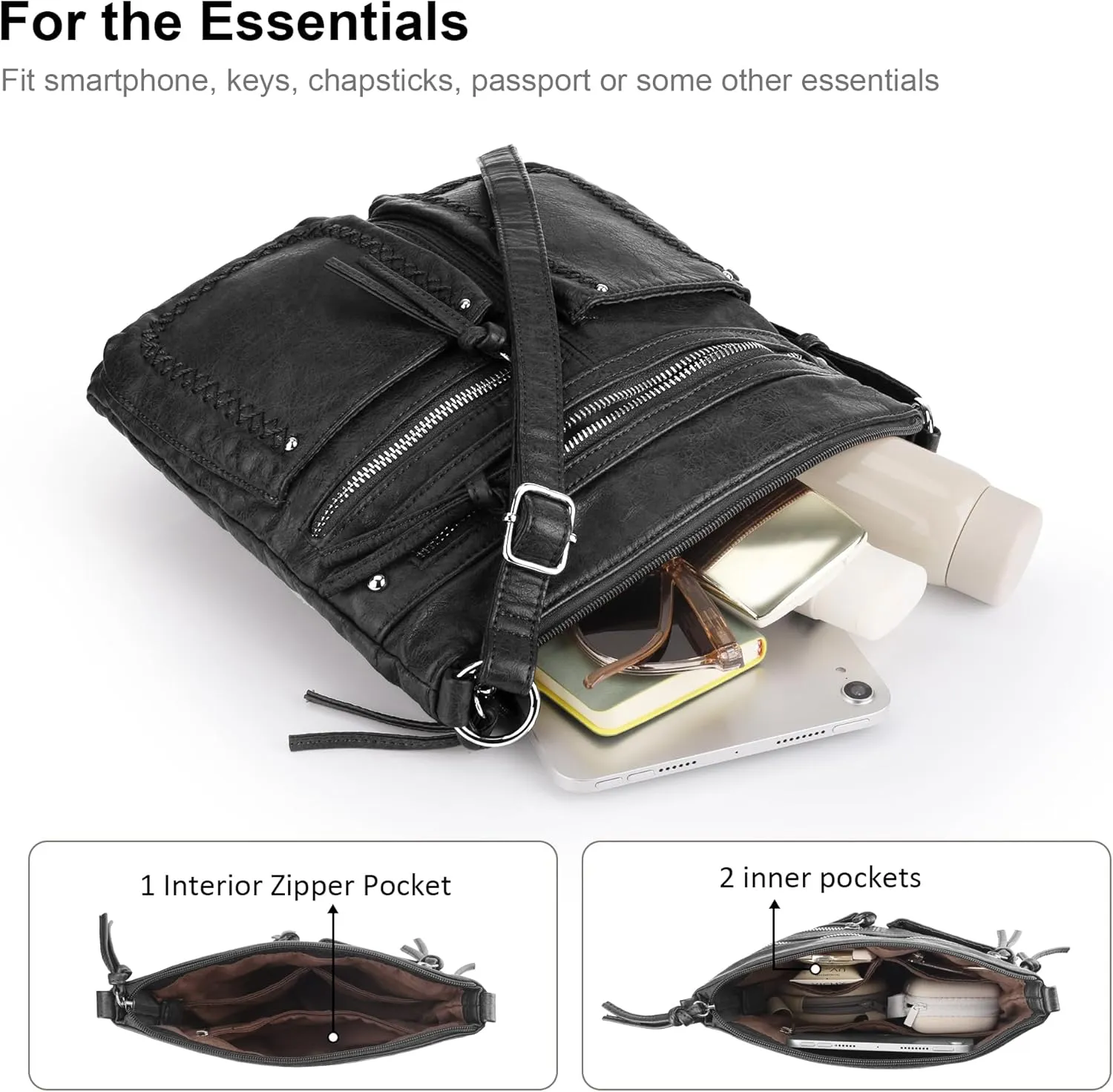 VONAL Crossbody Bag for Women Multi Pockets Shoulder Bags Medium Washed Soft Leather Travel Purses