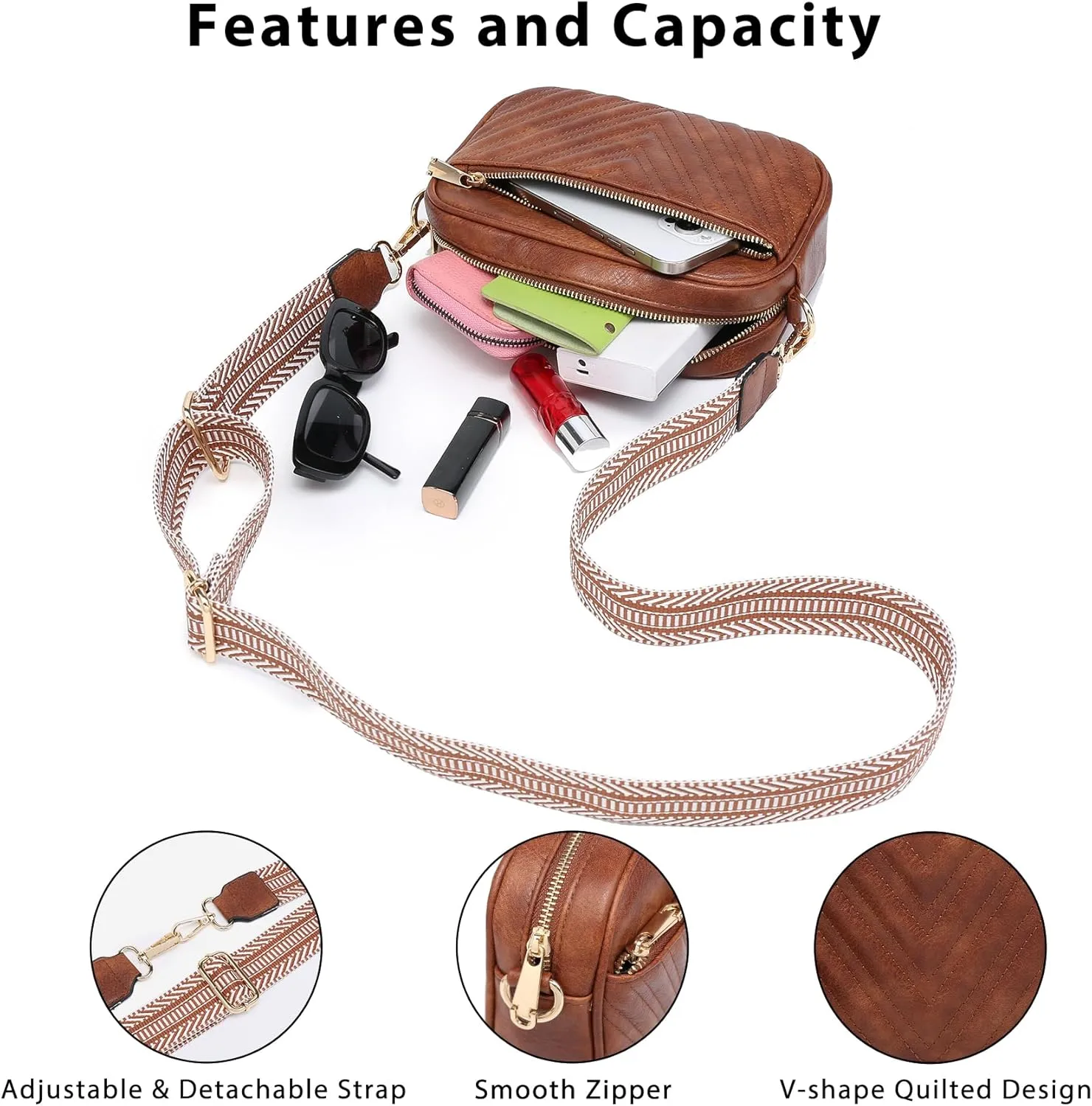 VONMAY Crossbody Purse for Women Quilted Crossbody Bags Vegan Leather Purses Small Shoulder Handbags with Wide Strap