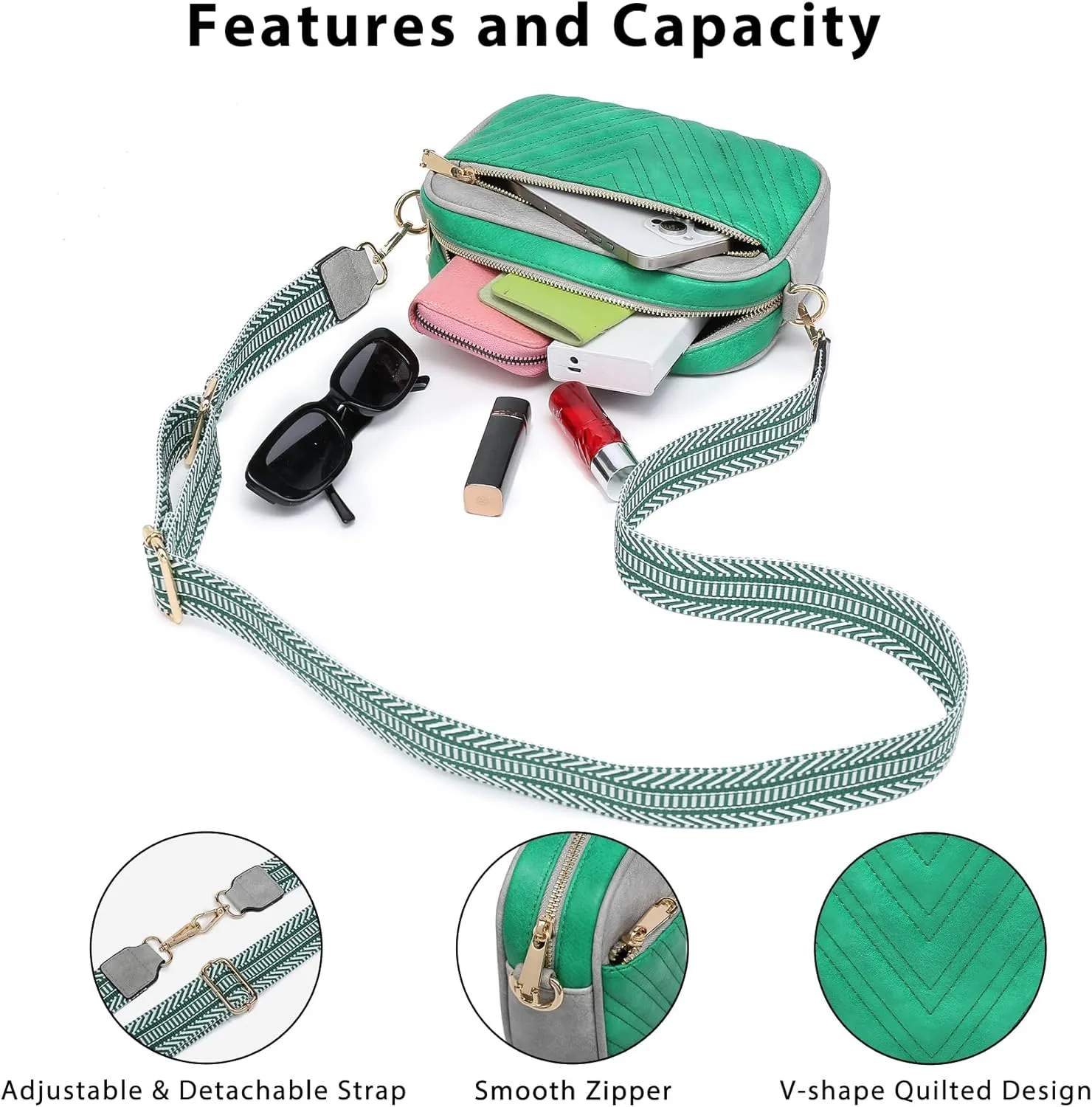 VONMAY Crossbody Purse for Women Quilted Crossbody Bags Vegan Leather Purses Small Shoulder Handbags with Wide Strap