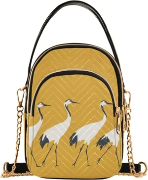 Walking Cranes Group Yellow Multi Pockets Crossbody Bags for Women Zip Cell Phone Purse Wallet Bag with Detachable Shoulder Strap Travel Purse for Women Girls Trendy Shopping Traveling Working Gift