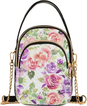 Watercolor Roses Foliage White Multi Pockets Crossbody Bags for Women Zip Cell Phone Purse Wallet Bag with Detachable Shoulder Strap Handbag Purse for Shopping Traveling Women Girls Trendy Gift