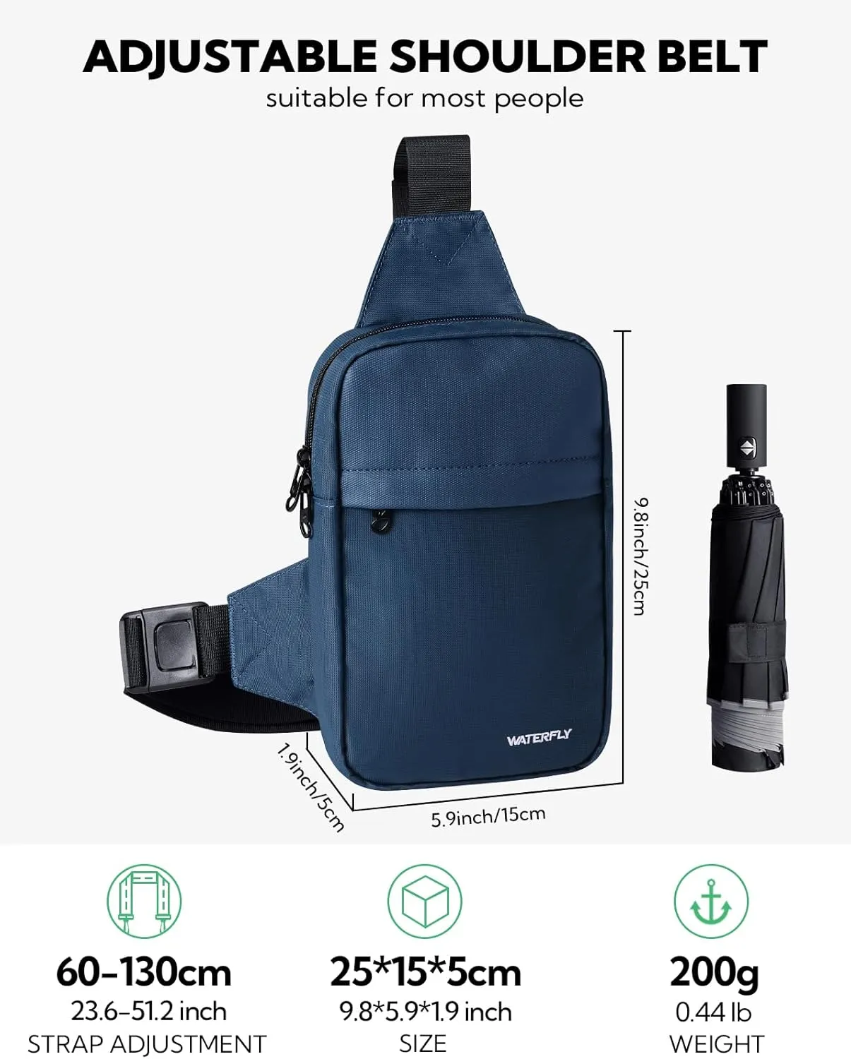 WATERFLY Mini Sling Crossbody Bag: Dual Pocket Small Shoulder Bag Lightweight Casual Phone Chest Bag Daypack for Travel