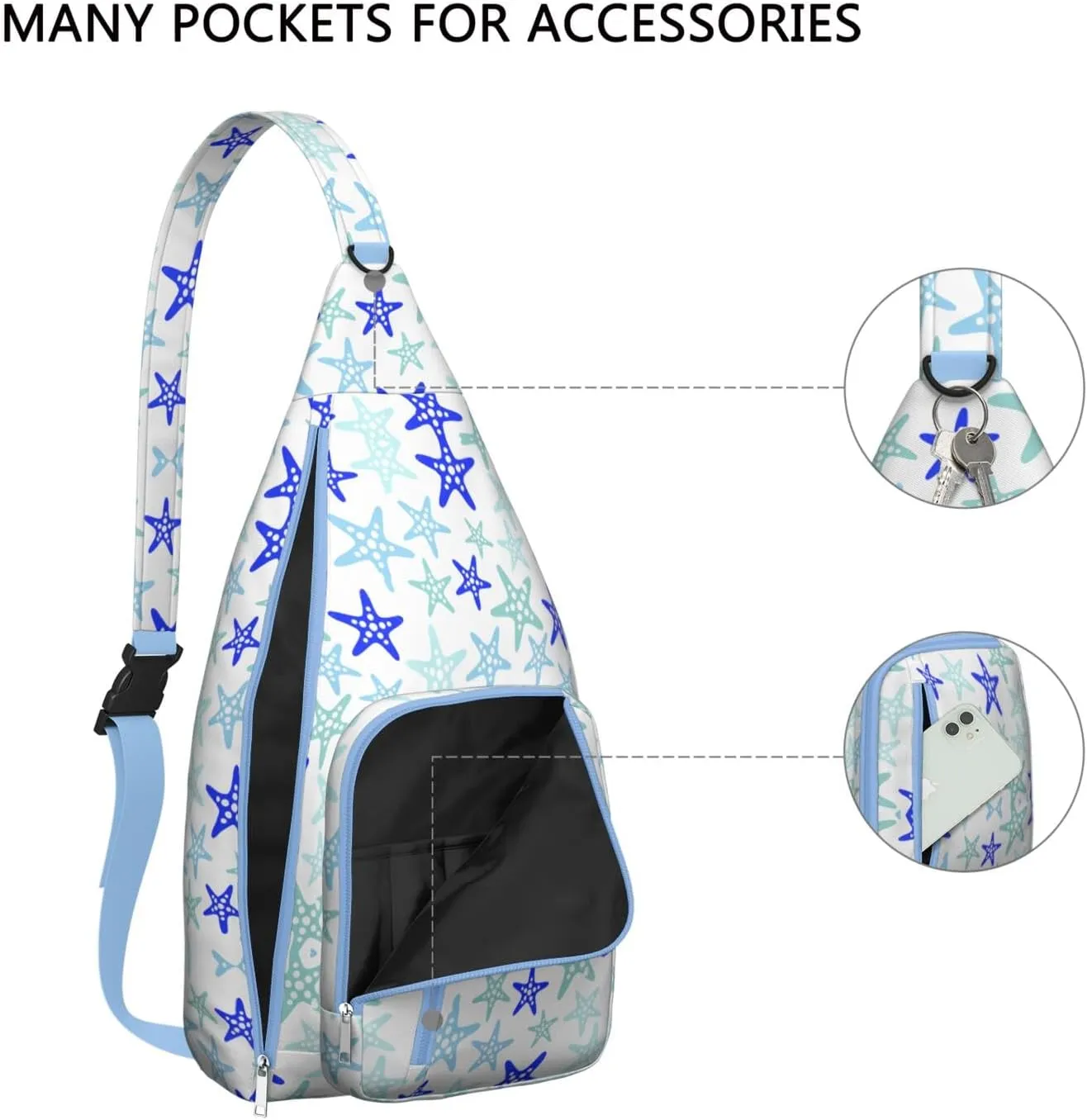 Waterproof Crossbody Bag for Women & Men - Starfish & Seashell Beach Sling Bag Backpack Summer Travel Hiking Daypack Sports
