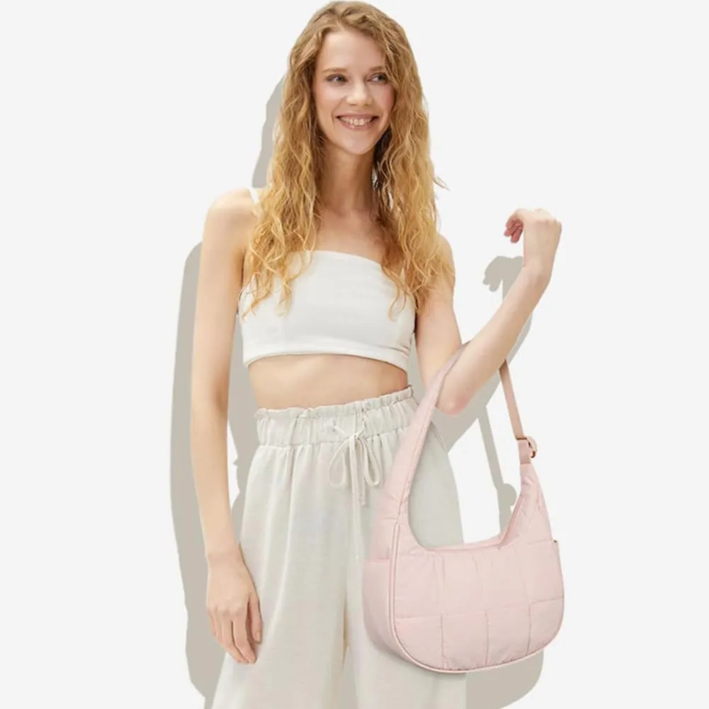 Waterproof Puffer Crescent Shoulder Bag for Women,Small Nylon Quilted Hobo Purse, Adjustable Strap Puffy Handbag Hobo Bag