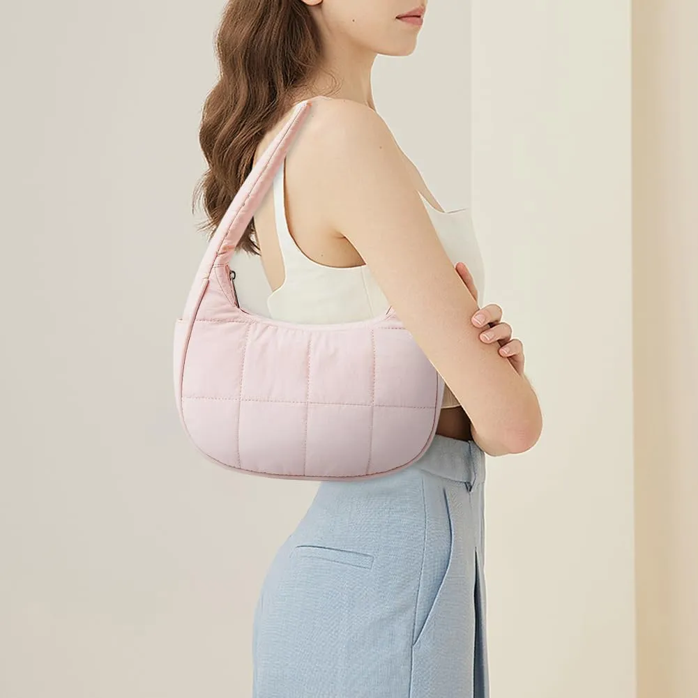 Waterproof Puffer Crescent Shoulder Bag for Women,Small Nylon Quilted Hobo Purse, Adjustable Strap Puffy Handbag Hobo Bag