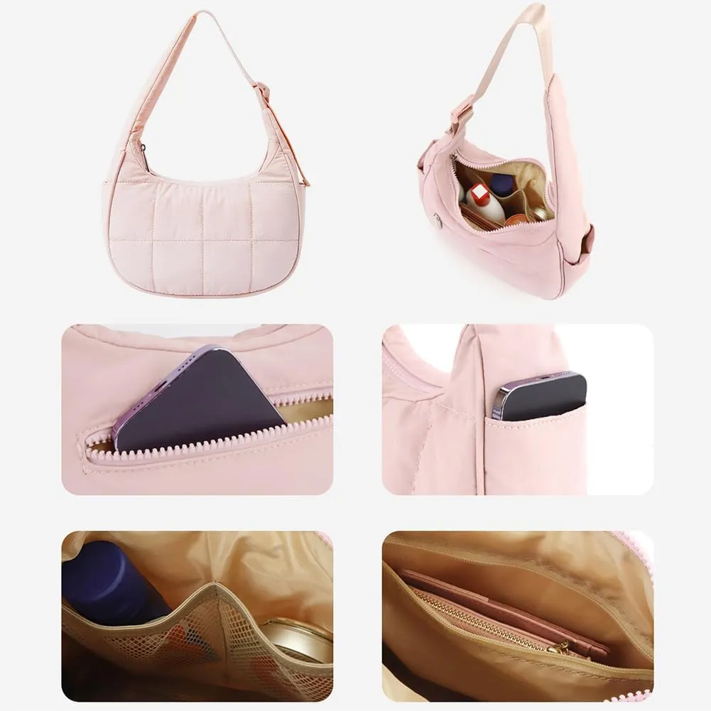 Waterproof Puffer Crescent Shoulder Bag for Women,Small Nylon Quilted Hobo Purse, Adjustable Strap Puffy Handbag Hobo Bag