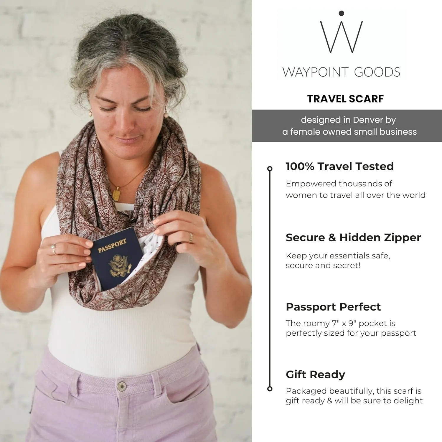 WAYPOINT GOODS Infinity Travel Scarf Hidden Zipper Pocket for Women Airplane - Lightweight Cotton Bamboo - Travel Essentials