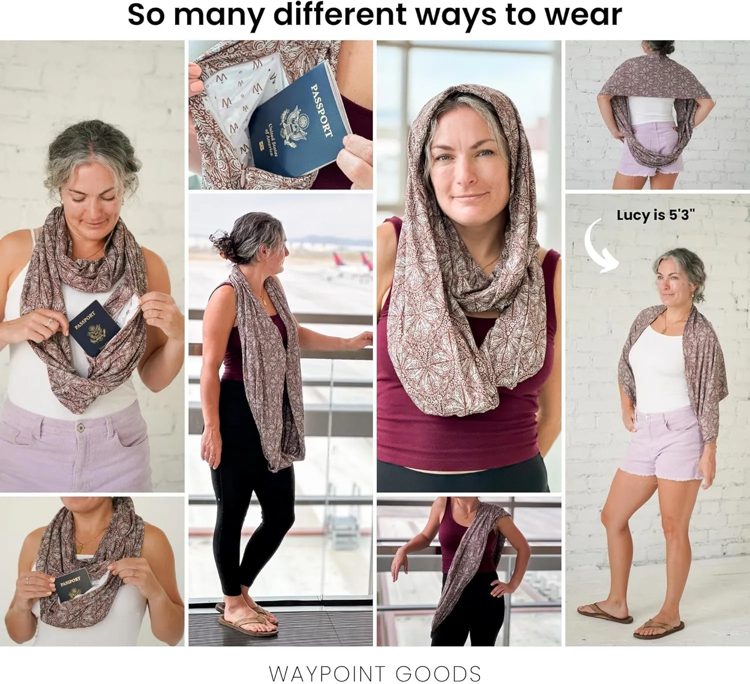 WAYPOINT GOODS Infinity Travel Scarf Hidden Zipper Pocket for Women Airplane - Lightweight Cotton Bamboo - Travel Essentials