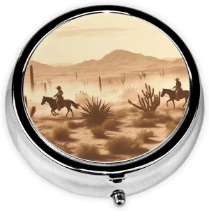 West Desert Cactus Pill Box Round Pill Case for Pocket Purse 3 Compartment Medicine Pill Organizer Cute Portable Travel Pillbox Vitamin Cod Liver Oil Storage Box Unique Gift Organizer
