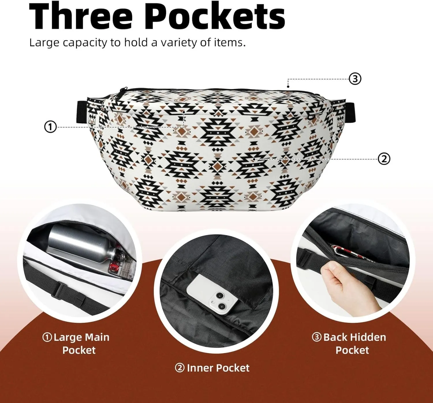 Western Large Fanny Pack for Men Women, Fashionable Waterproof Sports Crossbody Bags, Belt Bag for Travel Hiking Running (Aztec)