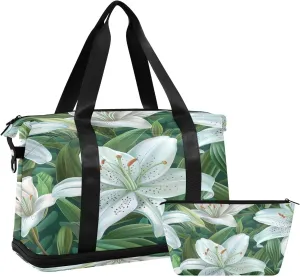 White Lilies Duffel Bag Lightweight Carry On Gym Bags for Travel and Weekends, Versatile Overnight Bag with Shoe Compartment